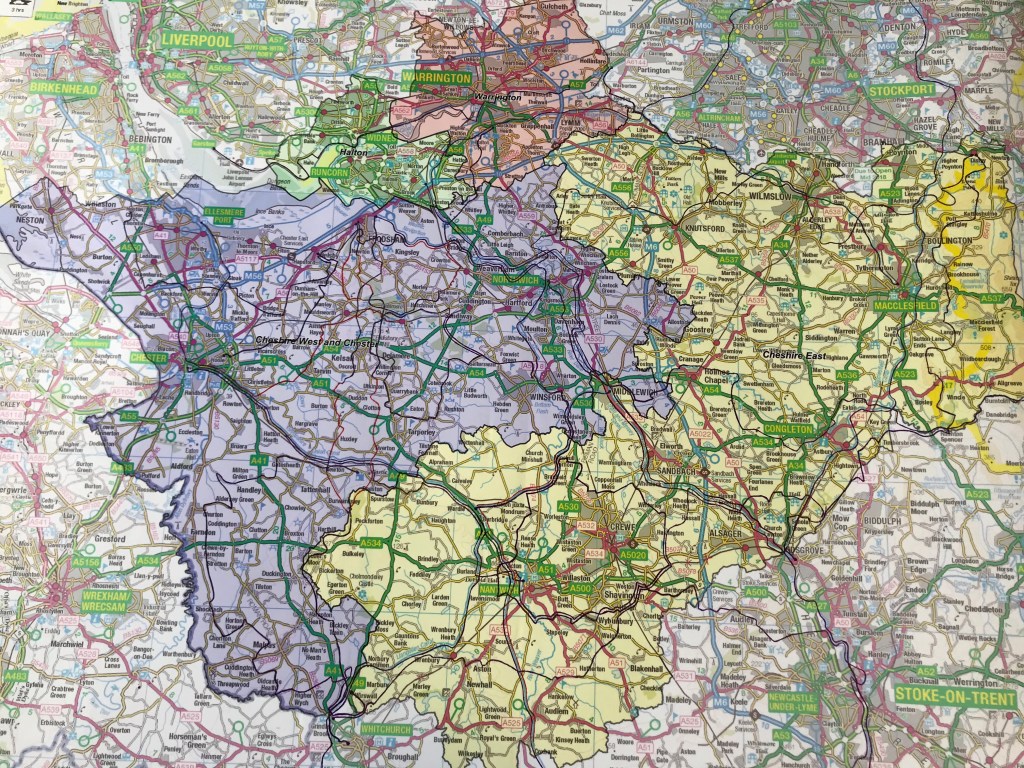 A large map of Cheshire with hand drawn paths 