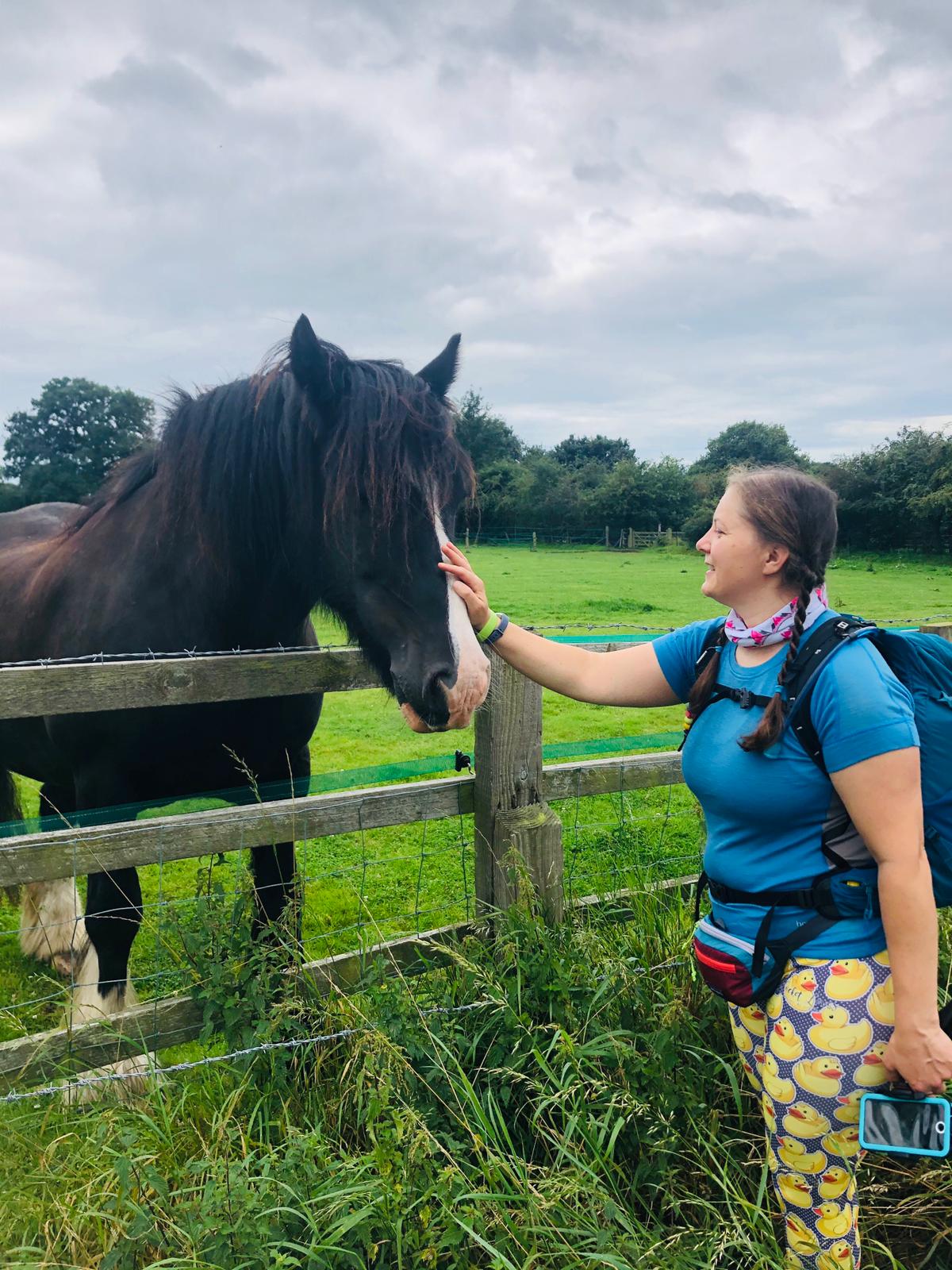 A woman in walking kit stroking a horse looking over a fence