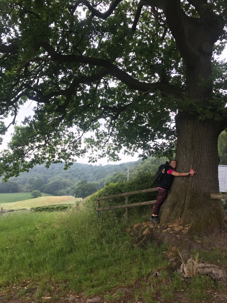 A woman in walking kit hugging a large oak tree