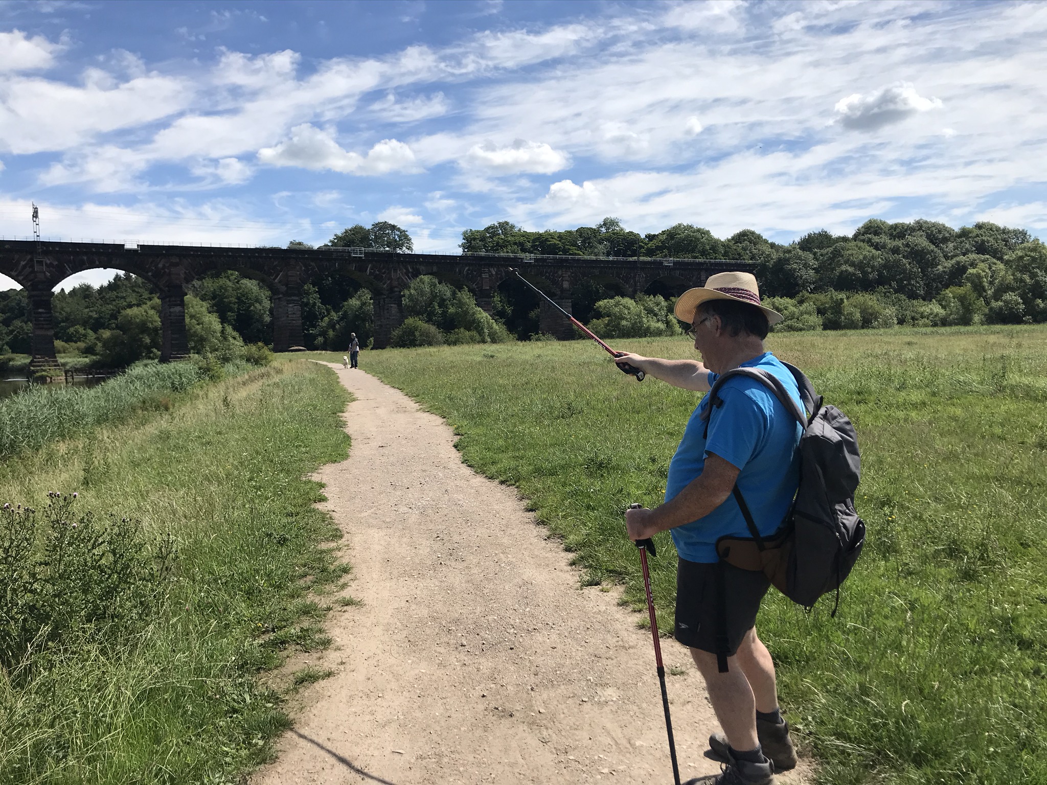 A walker points his walking poles at a train travelling along a viaduct