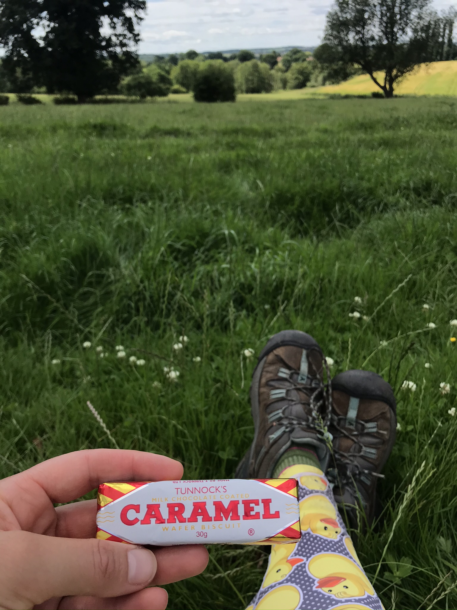 A hand holds a Tunnocks bar, legs are stretched out on meadow grass with a long view over trees