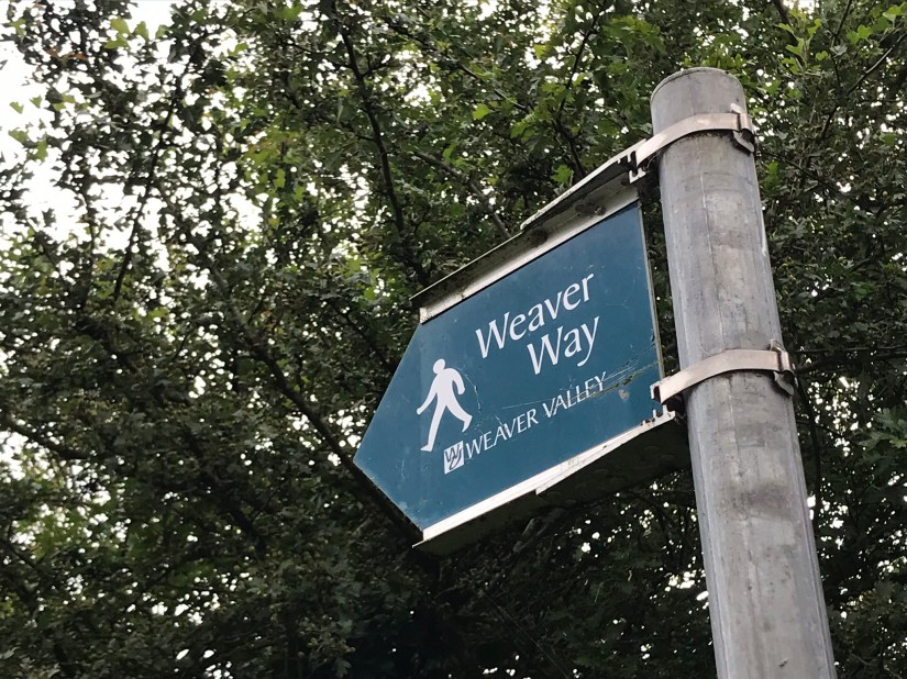 A green footpath sign against a leafy hedge