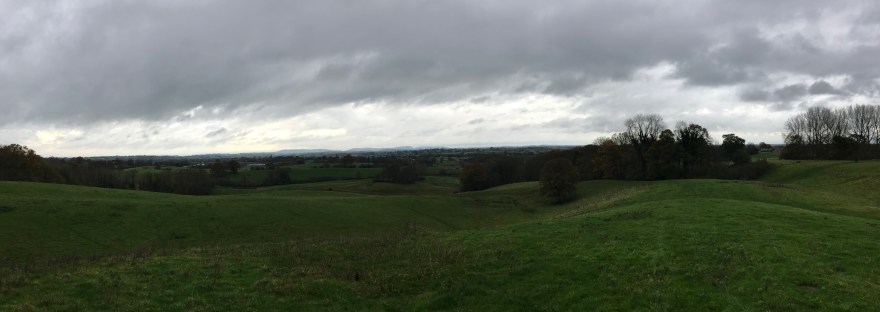 Rolling grassy land with low bare trees under a grey cloudy sky. In the far distance, silhouettes of hills can be seen on the horizon.