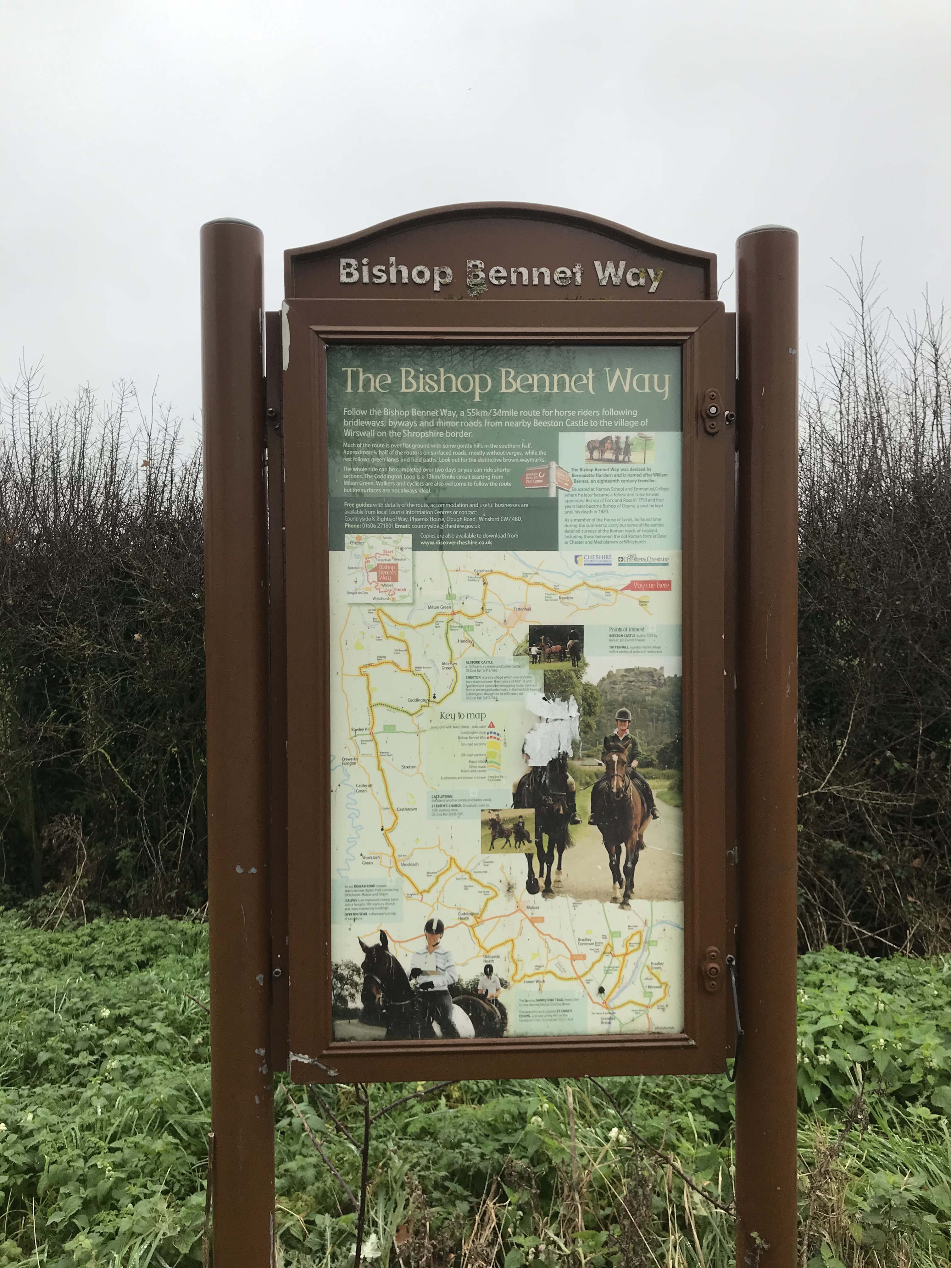 A brown information board with map of the Bishop Bennet Way