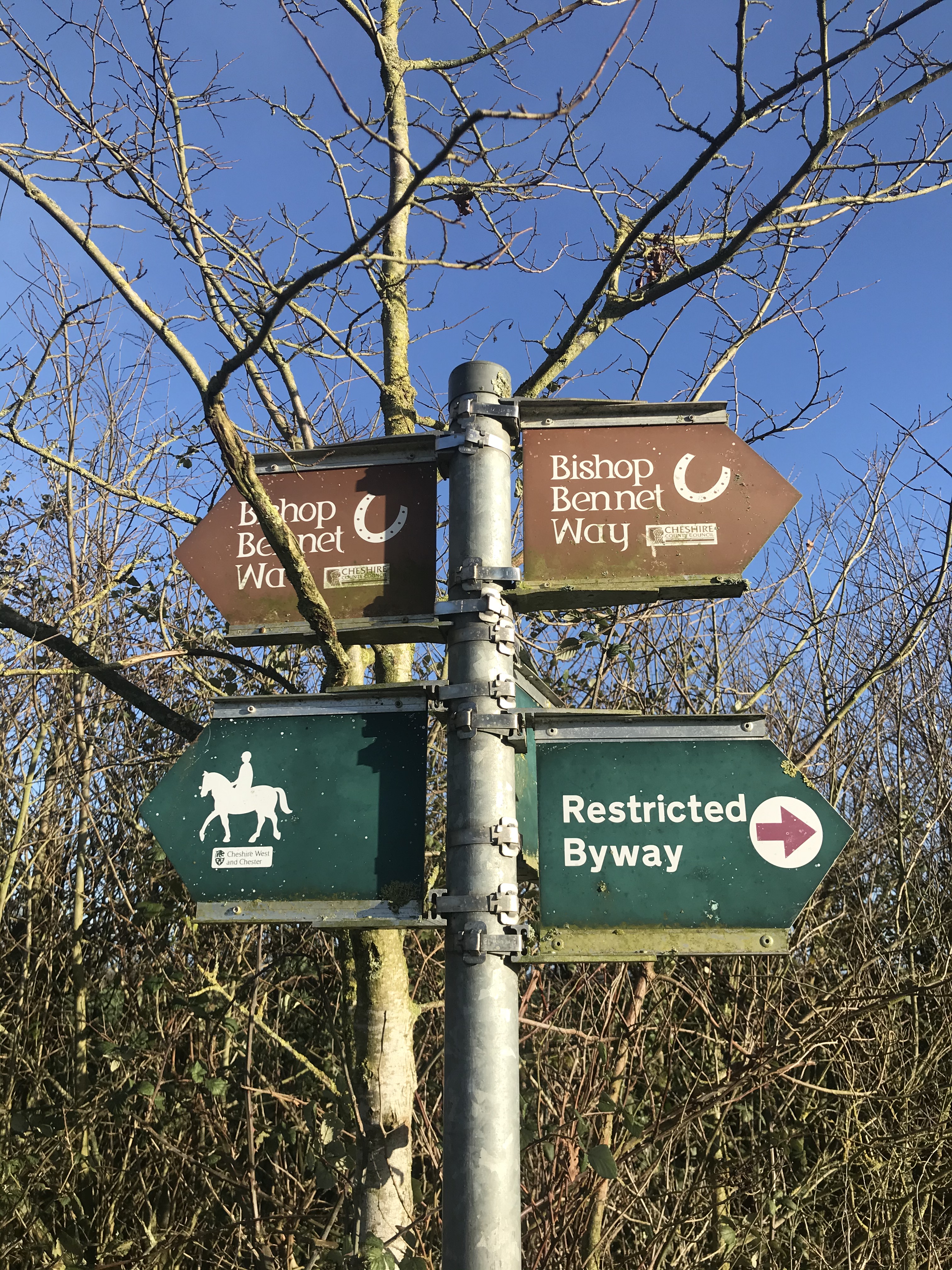 A metal signpost with the Bishop Bennet Way in both directions. Behind the sign the sky is brilliant blue.