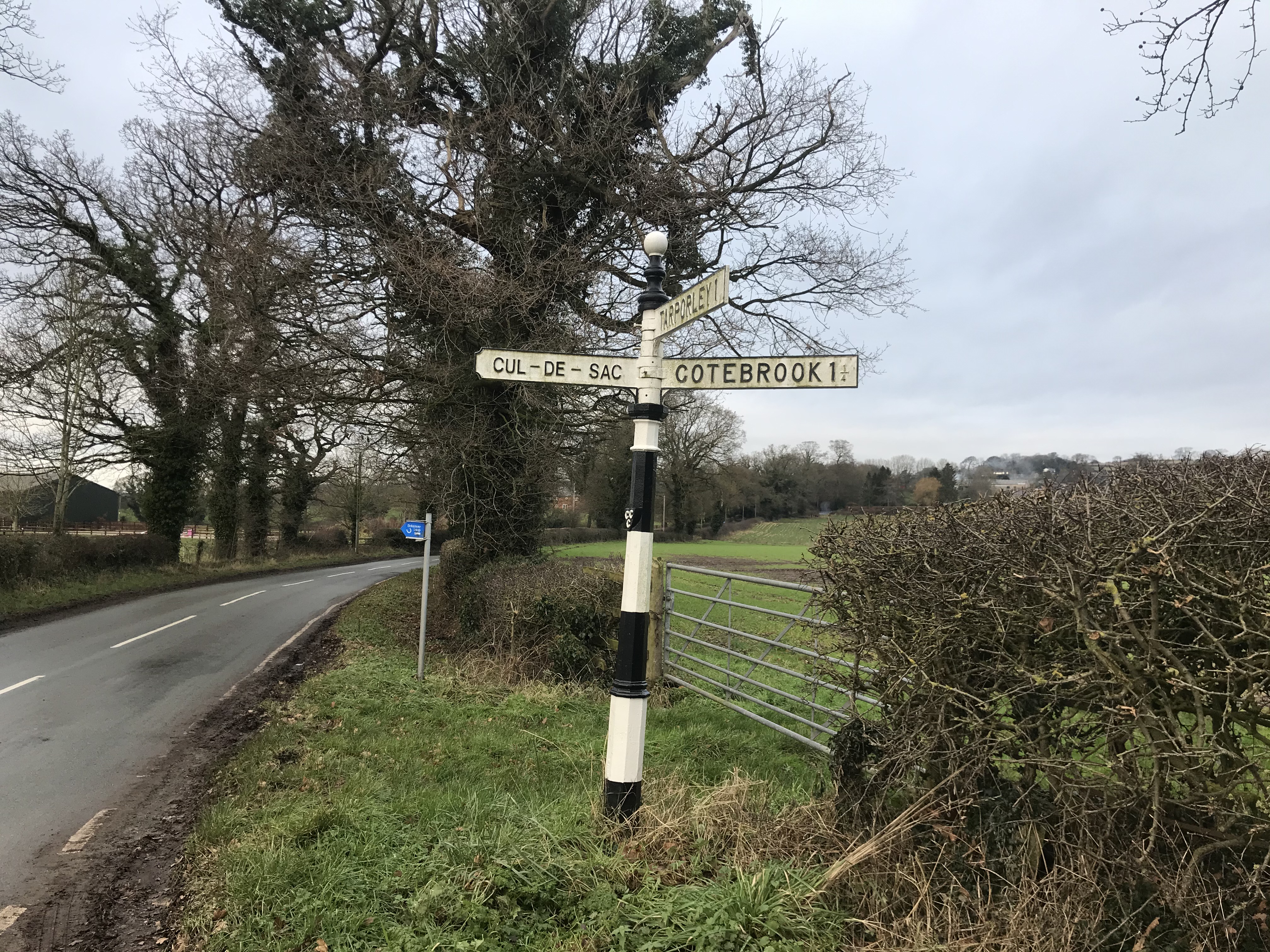 A black and white painted iron fingerpost on a roadside verge. Behind it is a field gate in a hedge with bare trees in the background. The sign post points to a cul-de-sac to the left and Cotebrook to the right