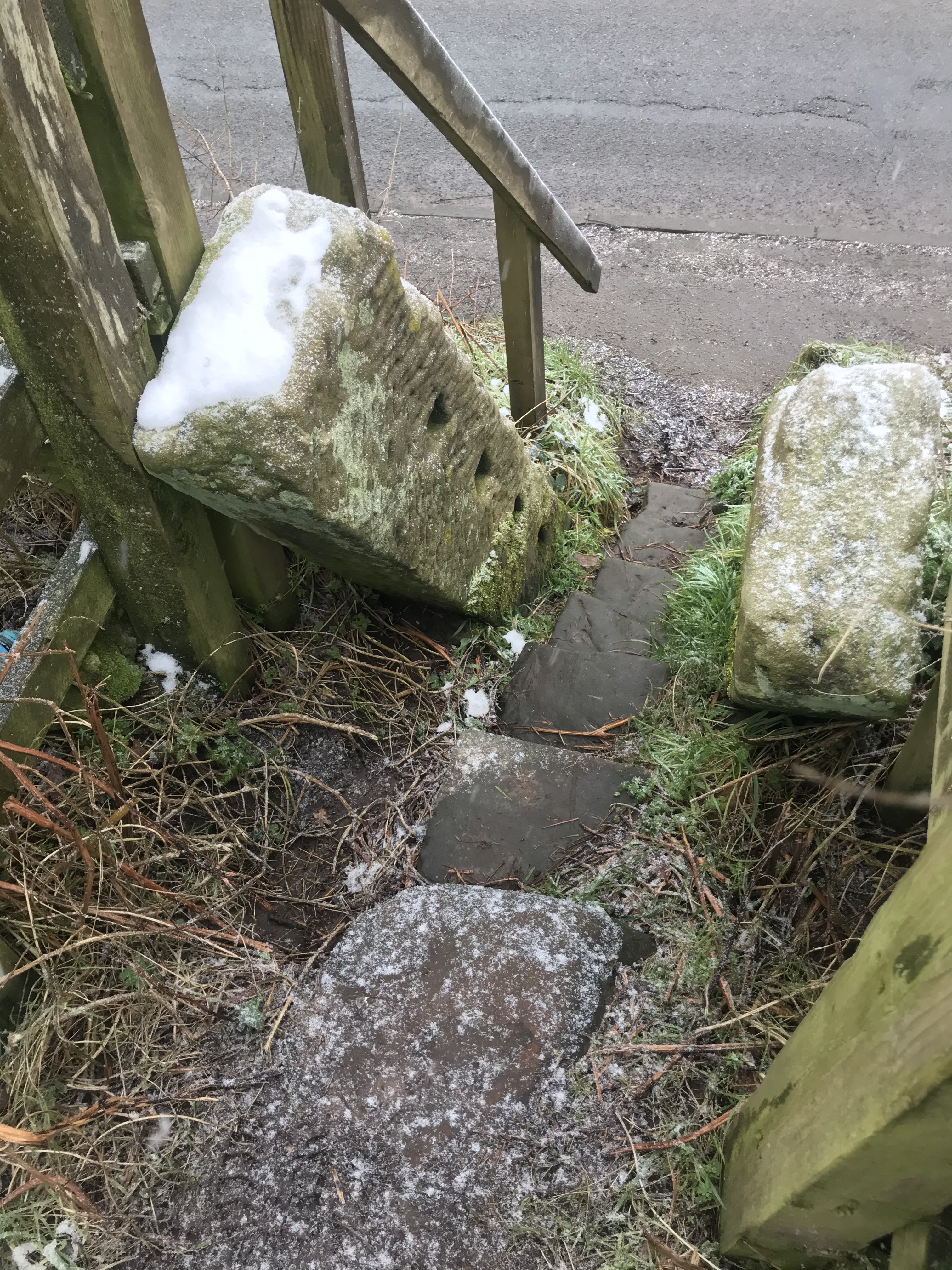 steep, narrow stone steps. The carved stones on the sides have slots for what might have been wooden steps like a ladder. There is a wooden handrail and a dusting of snow.