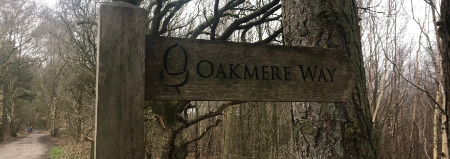 A wooden fingerpost sign with an acorn logo and 'Oakmere Way' written on it. There is a wide path to the left with two cyclists in the distance. The sign is point towards woodland.
