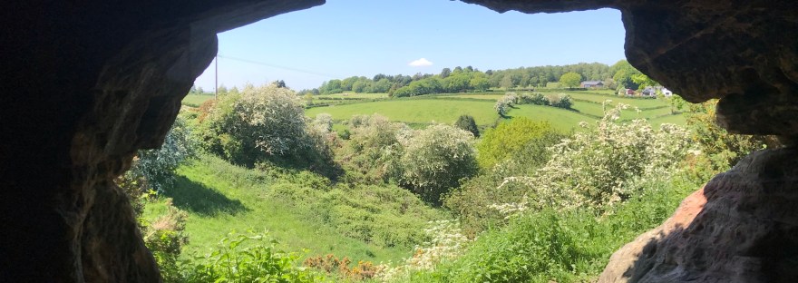 Rolling fields and Hawthorn bushes covered in white flowers frames by the entrance to a cave