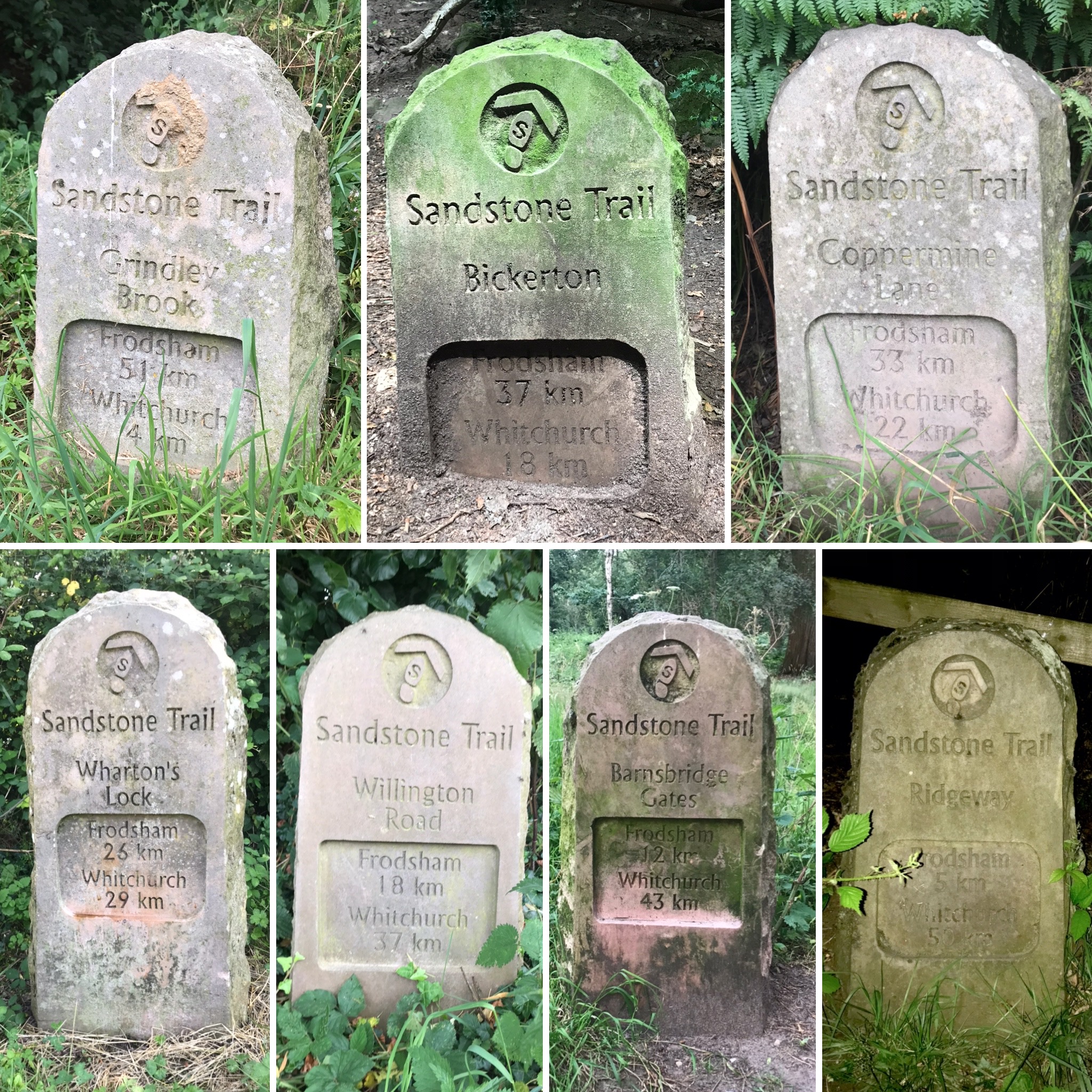 seven stone way marks for the Sandstone Trail, marking the changing distances to Frodsham and Whitchurch