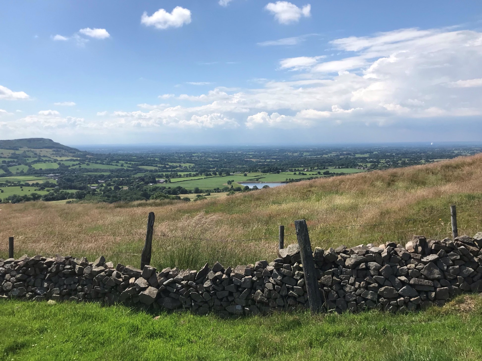 A drystone wall in front of a field of long grass. In the distance is a flat plain of fields and trees with a small reservoir.