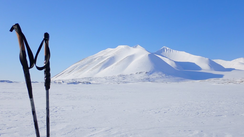 Snowy mountain and blue sky, with ski poles in the foreground